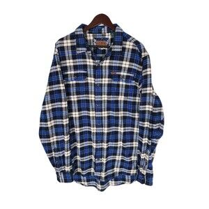 Orvis Classic Flannel Shirt Men XLT Blue Tartan Plaid Heavy Cotton Lined Pockets